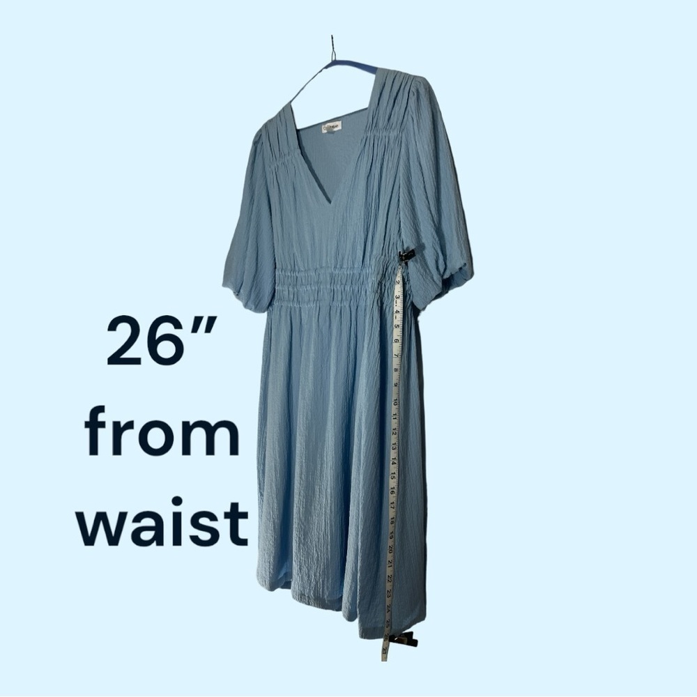 Calvin Klein Crepe V Neck Dress Sky Blue Puffy Sleeves High Waist Size 12 - Picture 2 of 7